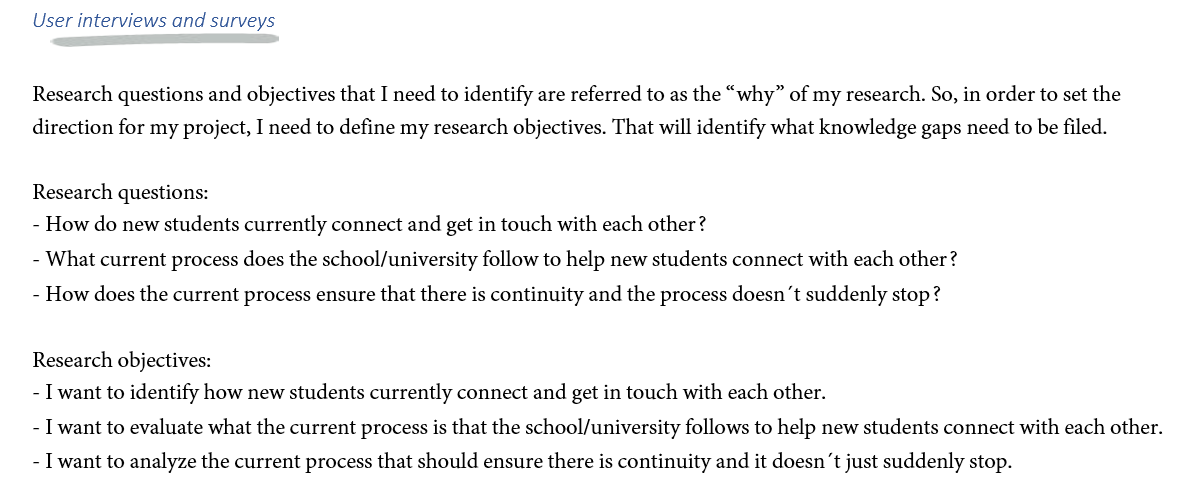 User interviews and survey: duplicated questions and objectives from preceding slide