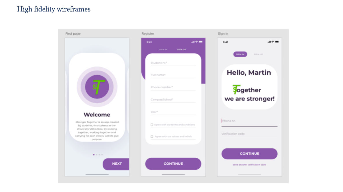 High-fidelity wireframes: welcome and sign-up