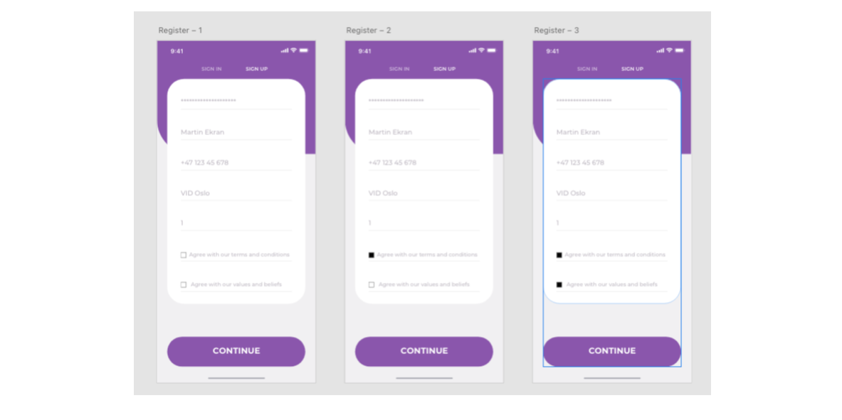 High-fidelity wireframes: registration