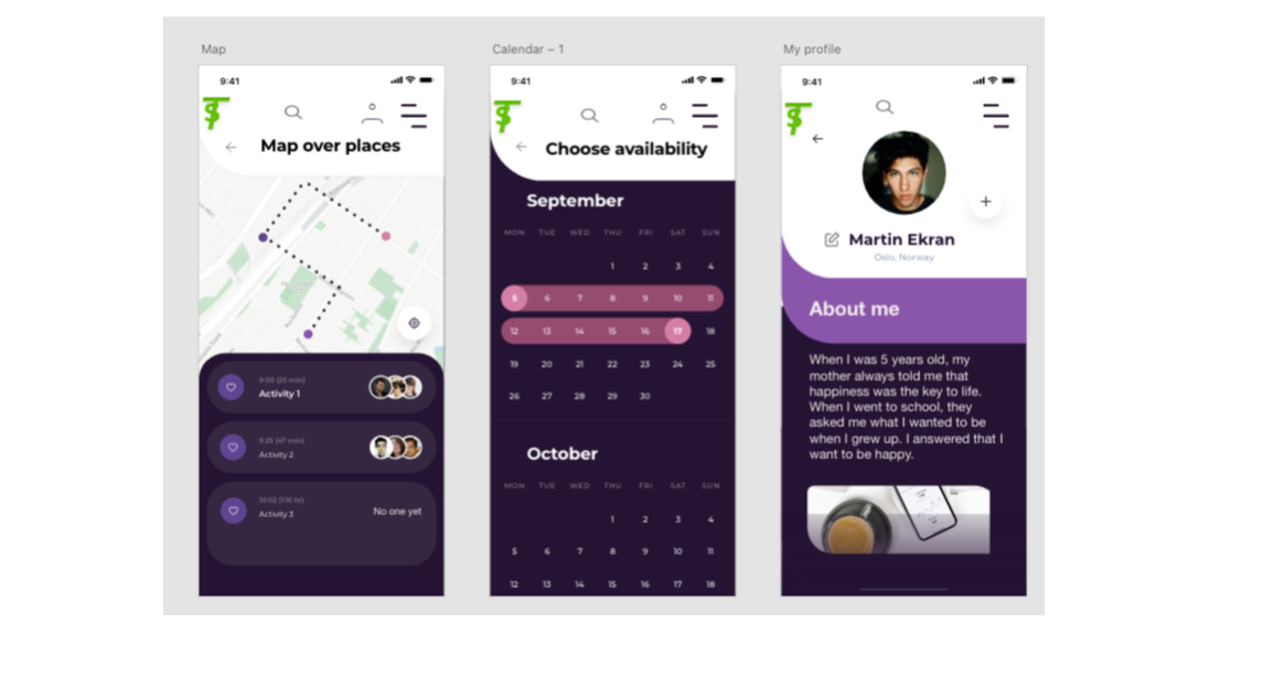 Original purple mobile prototype showing map, calendar and profile screens