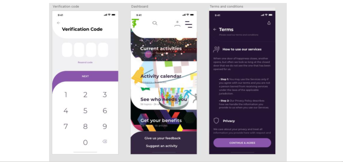 High-fidelity wireframes: verification, activities and forum