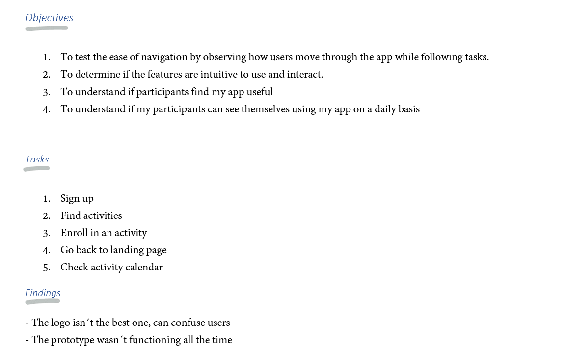 Usability testing objectives, tasks and initial findings